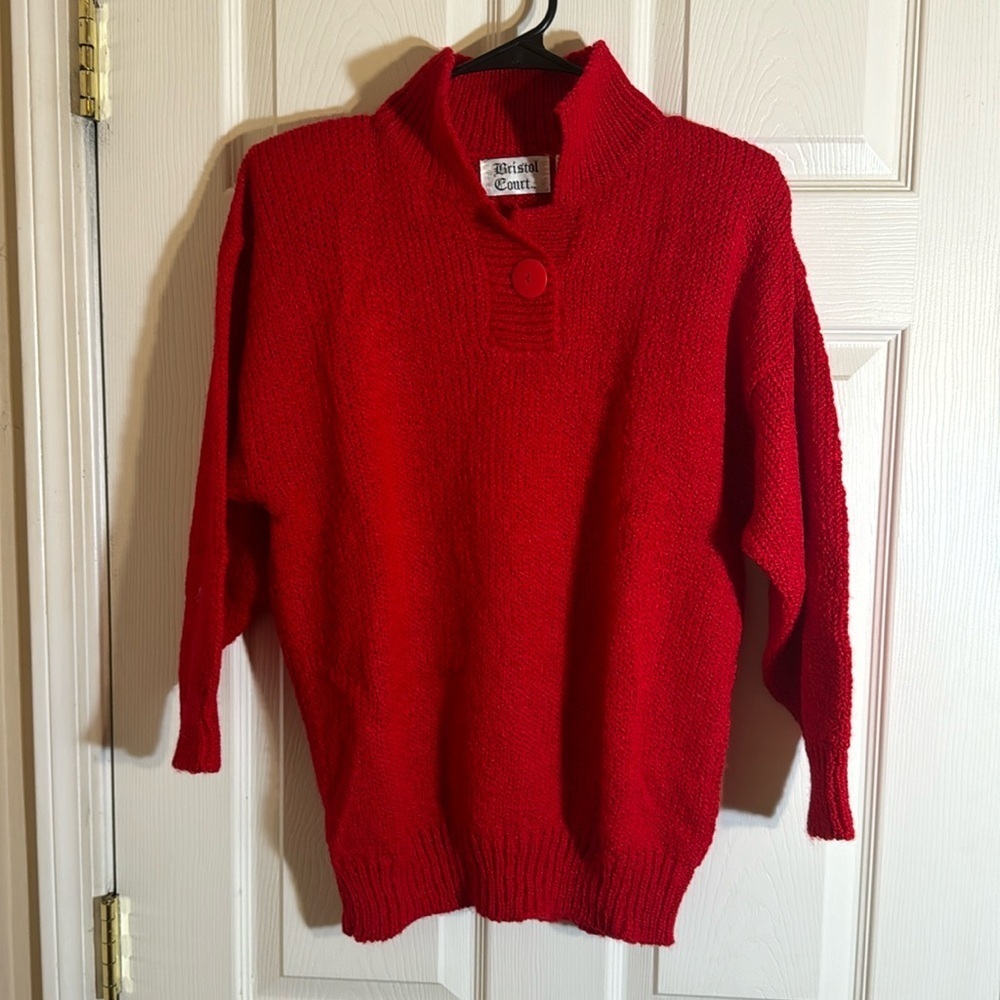 Bristol Court 70's Ski Sweater |‎ Vintage Red Stand Collar Knit Sweater